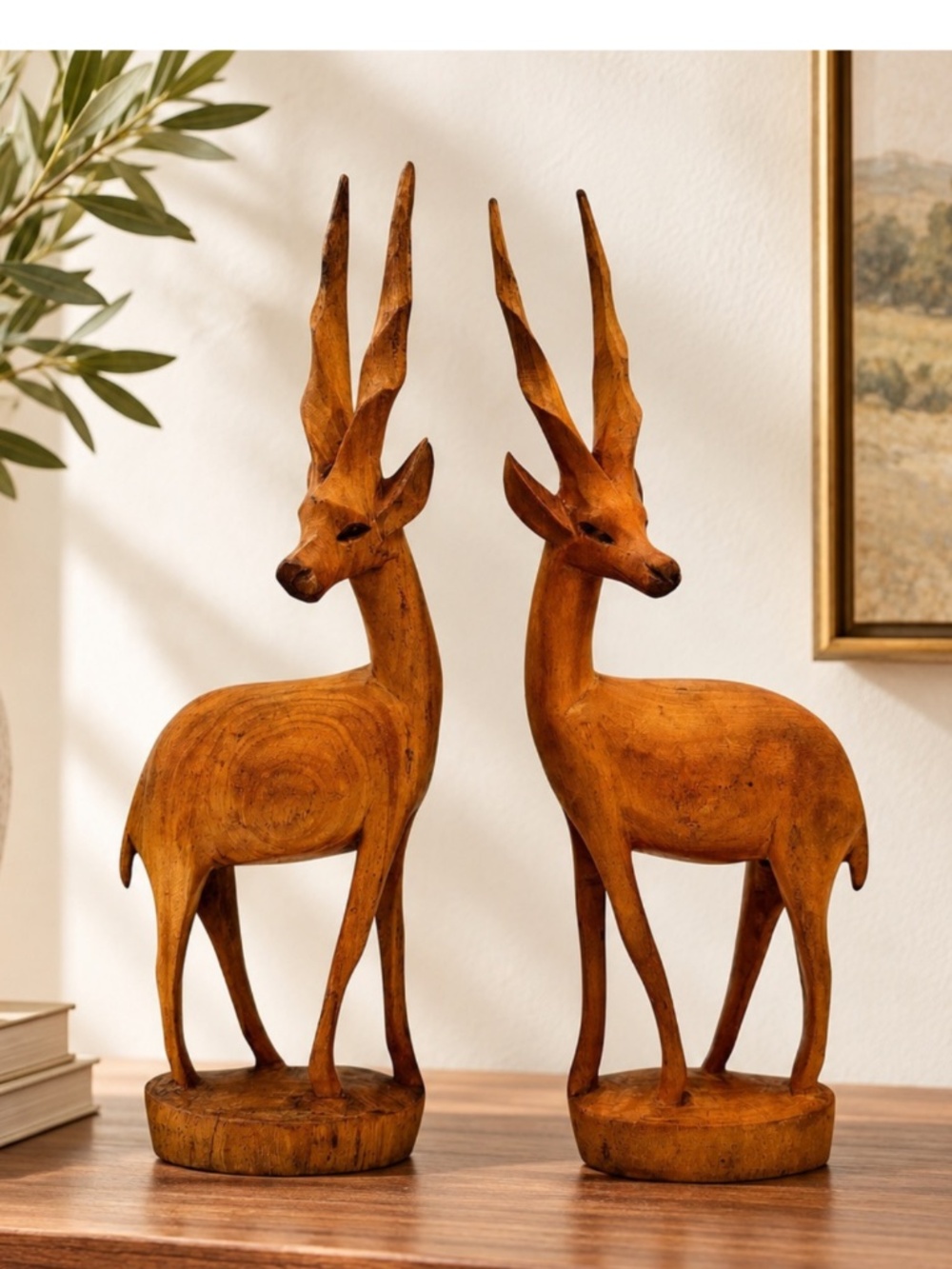 Vintage Wooden Antelope Gazelle Figurines Pair Hand Carved African Folk Art 13"H